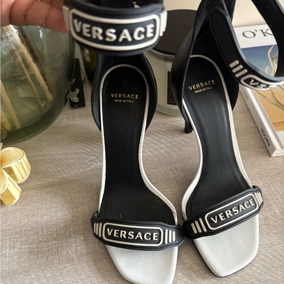 Versace Black & White Ankle-Strap Logo Sandals - Picture 3 of 6